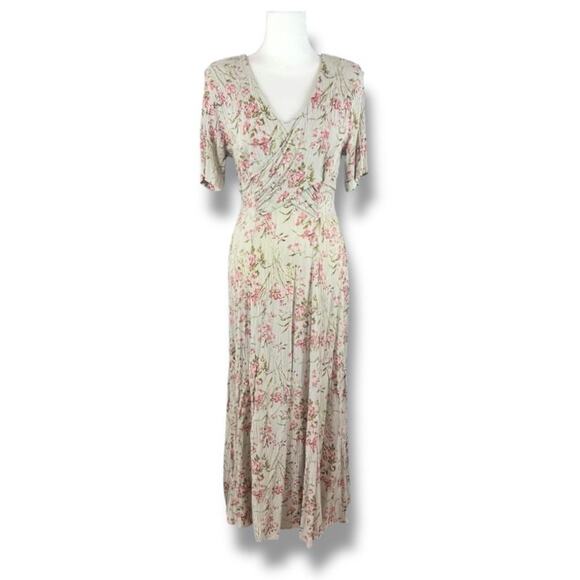 Vintage Rabbit Rabbit Designs Dress 12 S/M Floral Stretch Crinkle Rayon Maxi USA - Picture 1 of 13